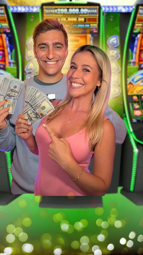 Mr and Mrs Jackpot celebrating with cash in a casino